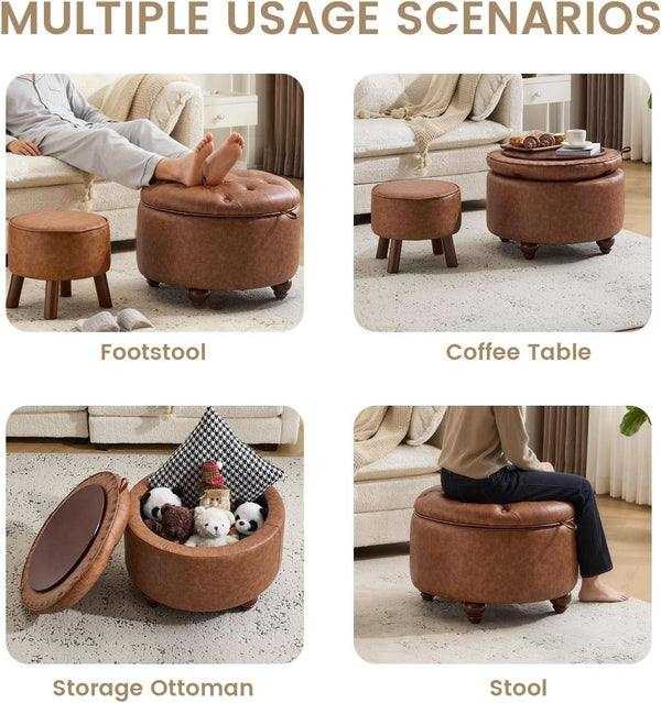 Twenty FourInch Round PU Leatherette Storage Ottoman