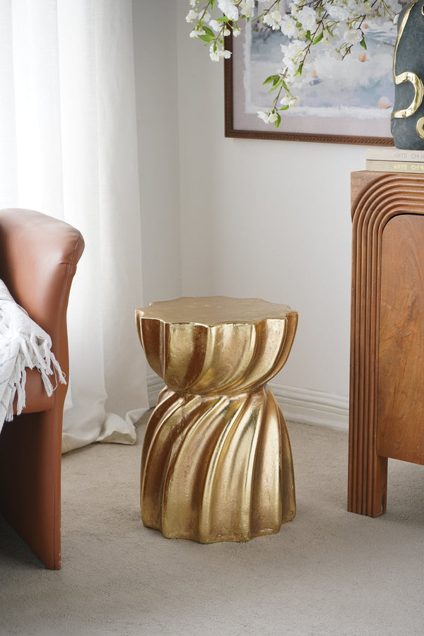 14x14x18.7' Gold Magnesium Accent Stool with Sculptural Swirl Design, Contemporary Side Table, Decorative Display Stand, or Extra Seating Option