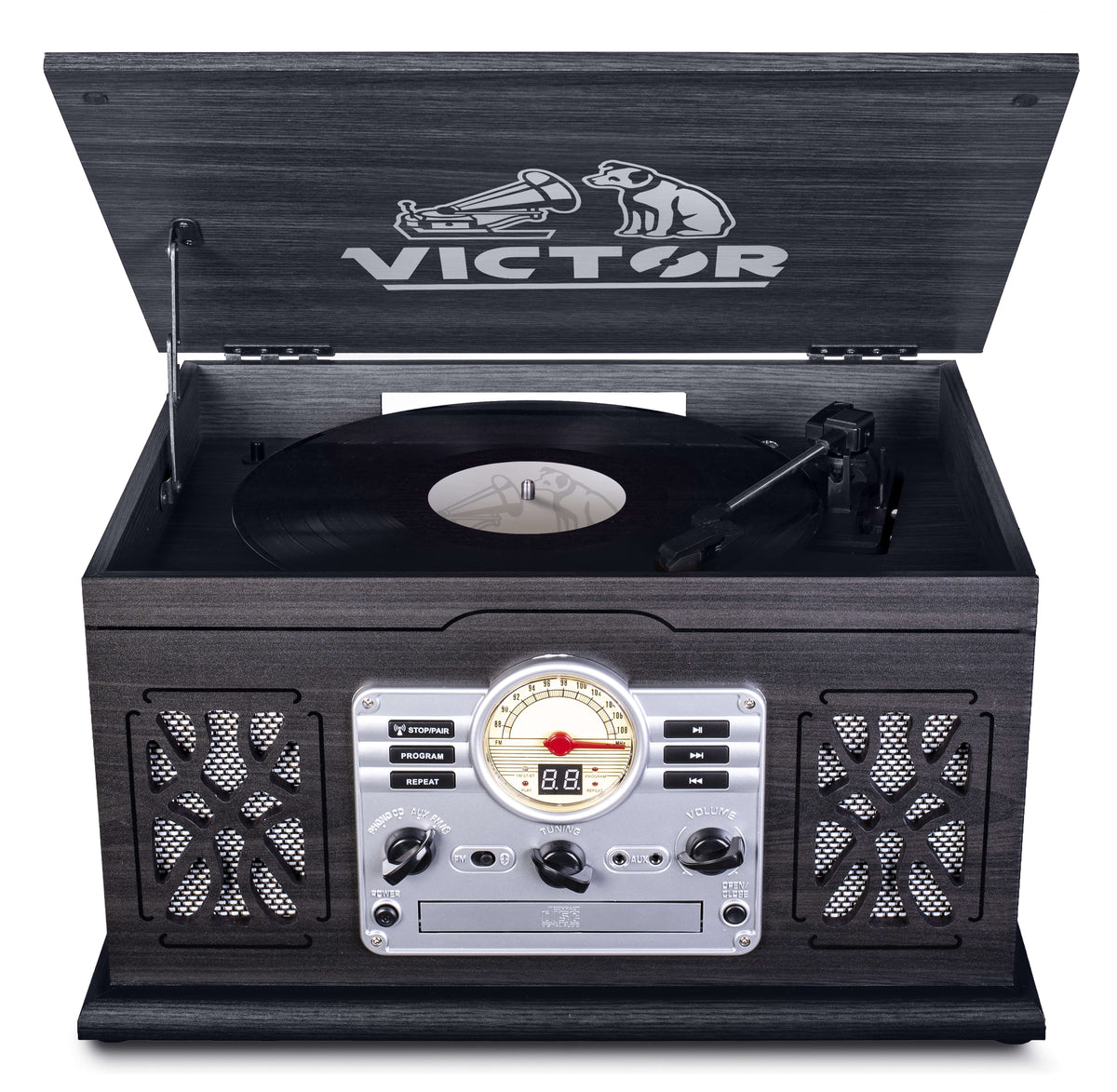Victor State 7-in-1 Wood Music Center with 3-Speed Turntable and Dual Bluetooth