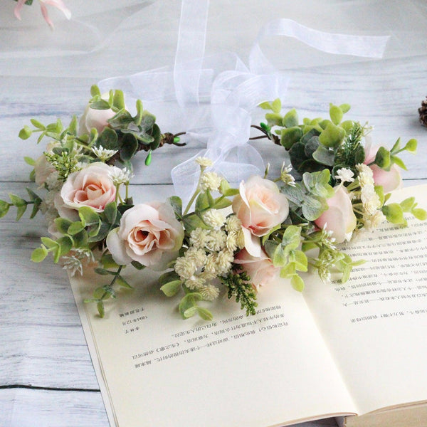 Forest style curled edge rose headband simulated starry sky flower wreath bride's wedding headpiece