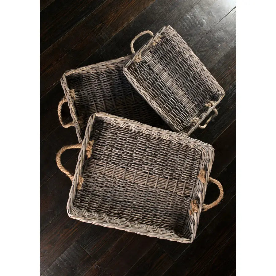 Set Of 3 Rectangular Willow Trays with Jute Handles