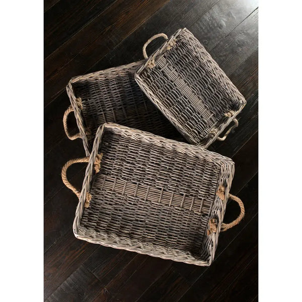 Set Of 3 Rectangular Willow Trays with Jute Handles