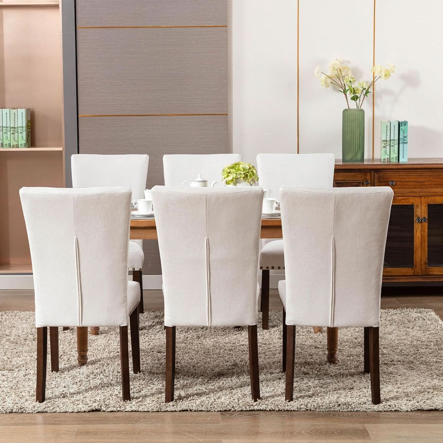 Beige Linen Upholstered High Back Counterheight Chairs