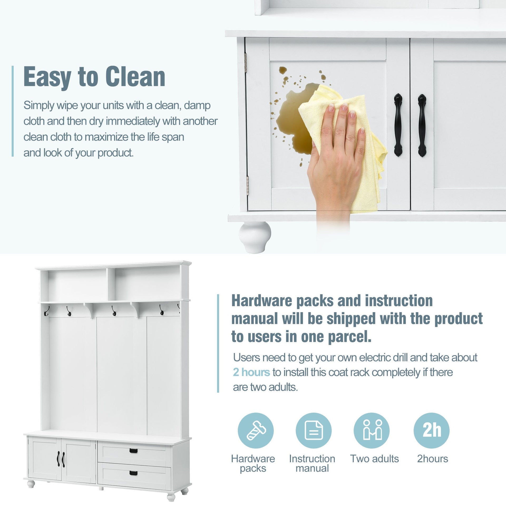 ON-TREND Modern Style Hall Tree with Storage Cabinet and 2 Large Drawers, Widen Mudroom Bench with 5 Coat Hooks, White