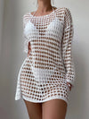 Knitted hollowed out pullover round neck long sleeved bikini swimsuit cover