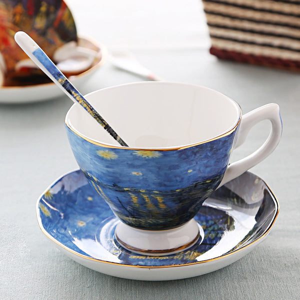 British Luxe Saucer and Spoon Afternoon Tea Cup with Van Gogh Oil Painting Design, Bone China Coffee Cup, Creative Souvenir Ceramic Mug