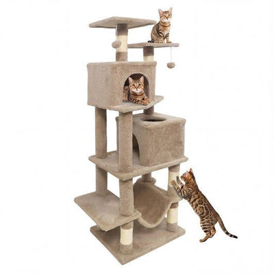 57 Inch Cat Tree with Dual Condos and Hammock and 2 Dangling Balls-Coffee