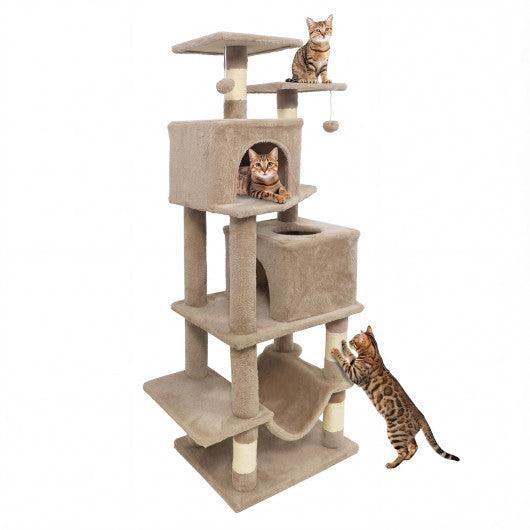 57 Inch Cat Tree with Dual Condos and Hammock and 2 Dangling Balls-Coffee