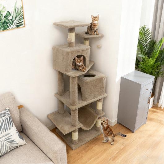 57 Inch Cat Tree with Dual Condos and Hammock and 2 Dangling Balls-Coffee