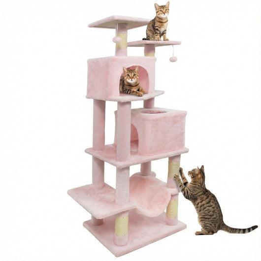 57 Inch Cat Tree with Dual Condos and Hammock and 2 Dangling Balls-Pink
