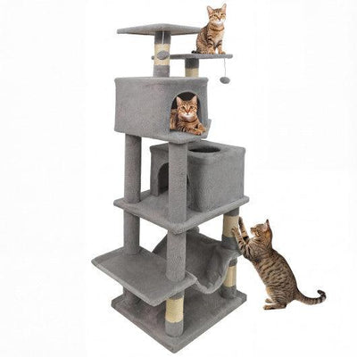 57 Inch Cat Tree with Dual Condos and Hammock and 2 Dangling Balls-Light Gray