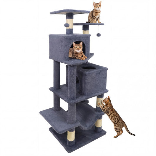 57 Inch Cat Tree with Dual Condos and Hammock and 2 Dangling Balls-Gray