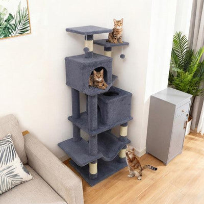 57 Inch Cat Tree with Dual Condos and Hammock and 2 Dangling Balls-Gray