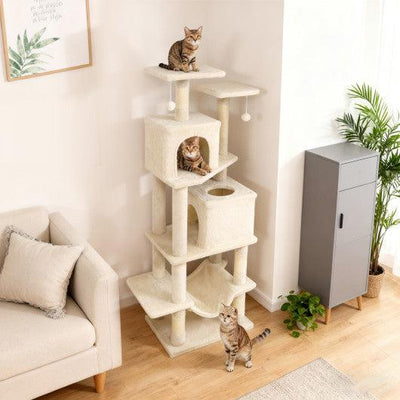 57 Inch Cat Tree with Dual Condos and Hammock and 2 Dangling Balls-Beige
