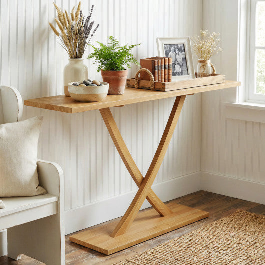 57 Inch Solid Wood Console Table with Teak Wood Frame and Geometric Design