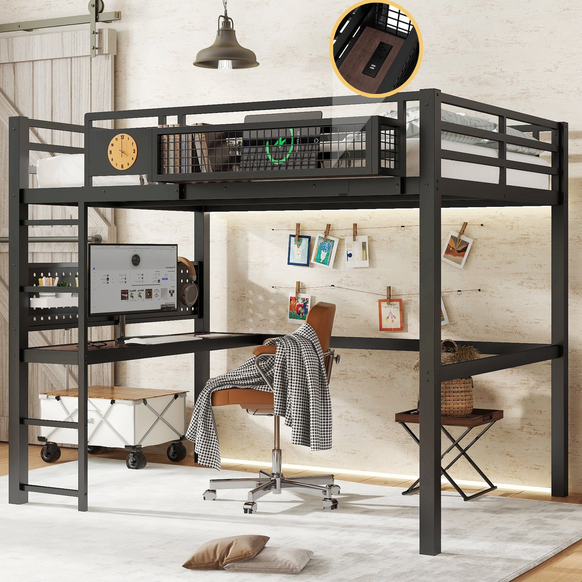 Full Size Loft Bed Frame with Desk and Storage Basket