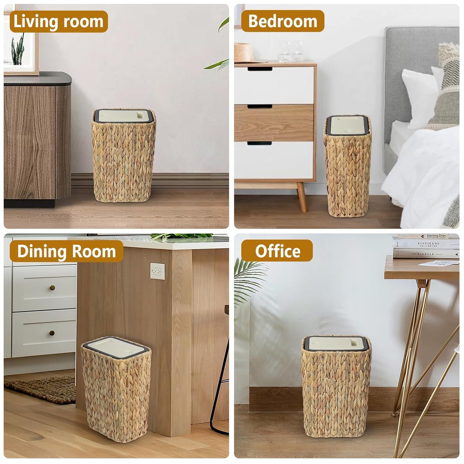 Boho Rattan Woven Trash Can with Press Top Lid, Wicker Wastebasket and Hamper