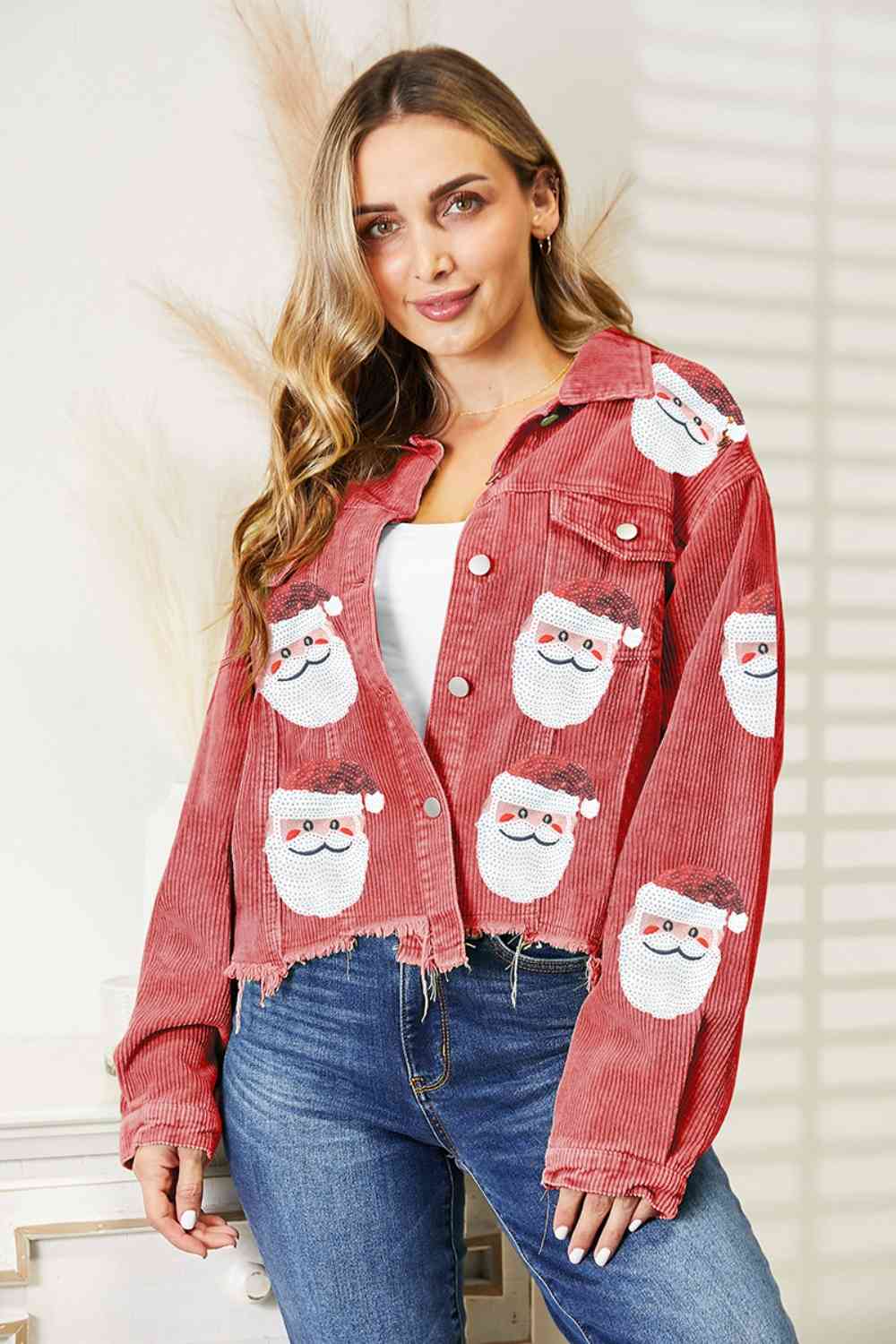 Red Santa Sequin Raw Hem Jacket Festive Buttoned Jacket Charming Winter Women Jacket