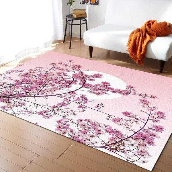 Pastel Cherry Blossom And Crescent Moon Non-Slip Flannel Floor Mat Home Rug Decoration