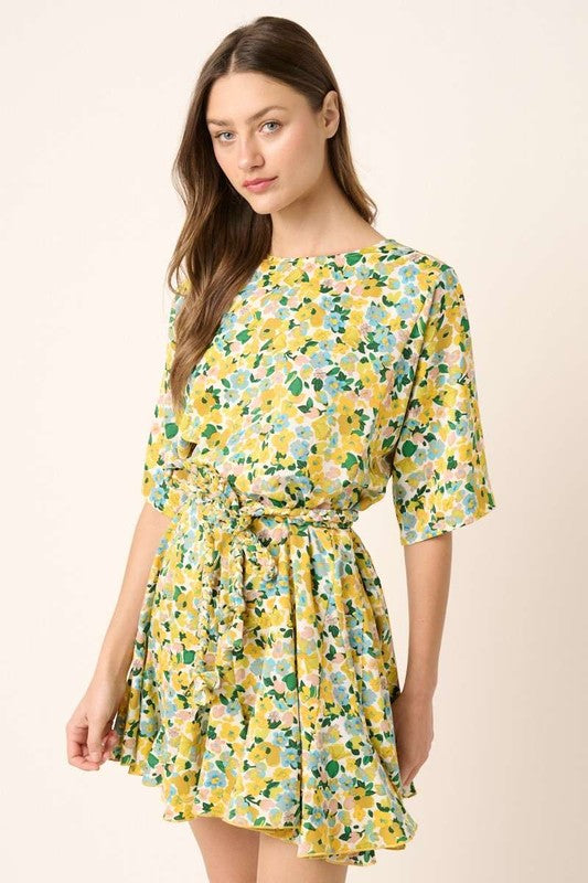 New Summer Floral Tie Waist Half Sleeve Mini Dress –Feminine and Chic Floral Dress with Flattering Tie Waist Detail