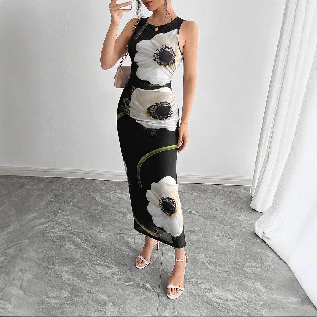 Women's Black Mesh Floral Print Sleeveless Dress Long Dress