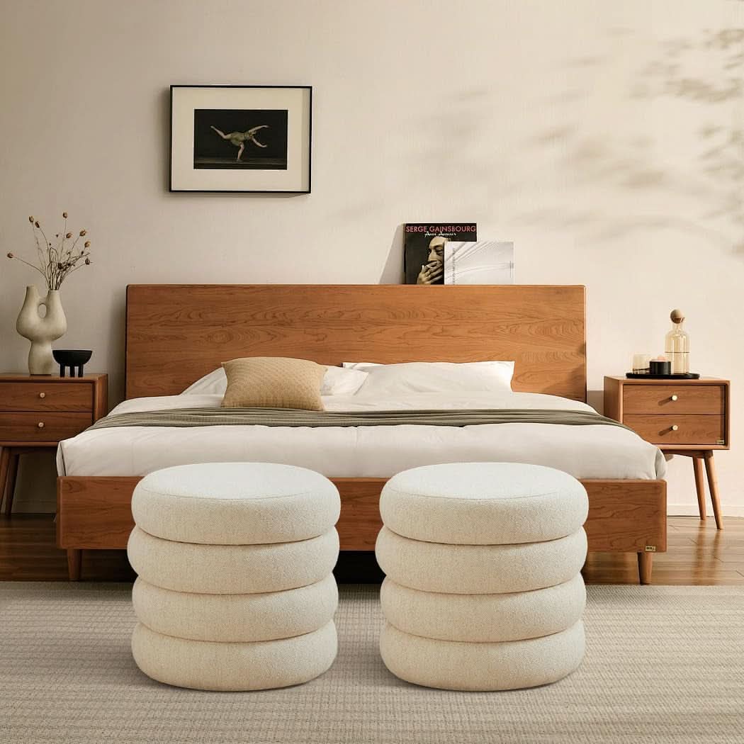 Beige Linen Upholstered Round Storage Ottoman Removable Lid