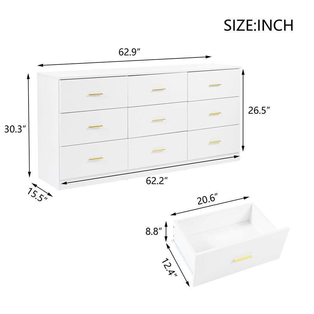 Modern White 9-Drawer Dresser for Bedroom - Ample Storage Wide Chest of Drawers, Sturdy & Safe