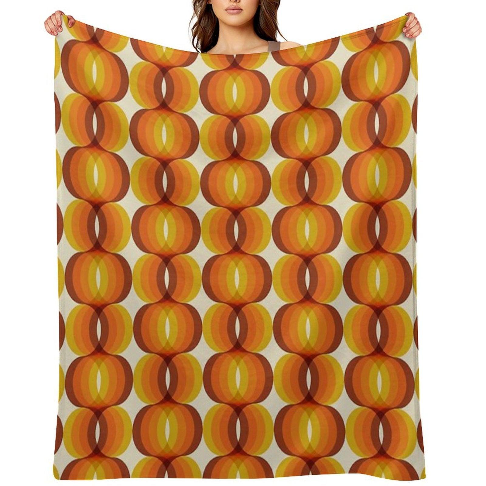 Orange, Brown, And Ivory Retro 1960s Wavy Pattern Throw Blanket