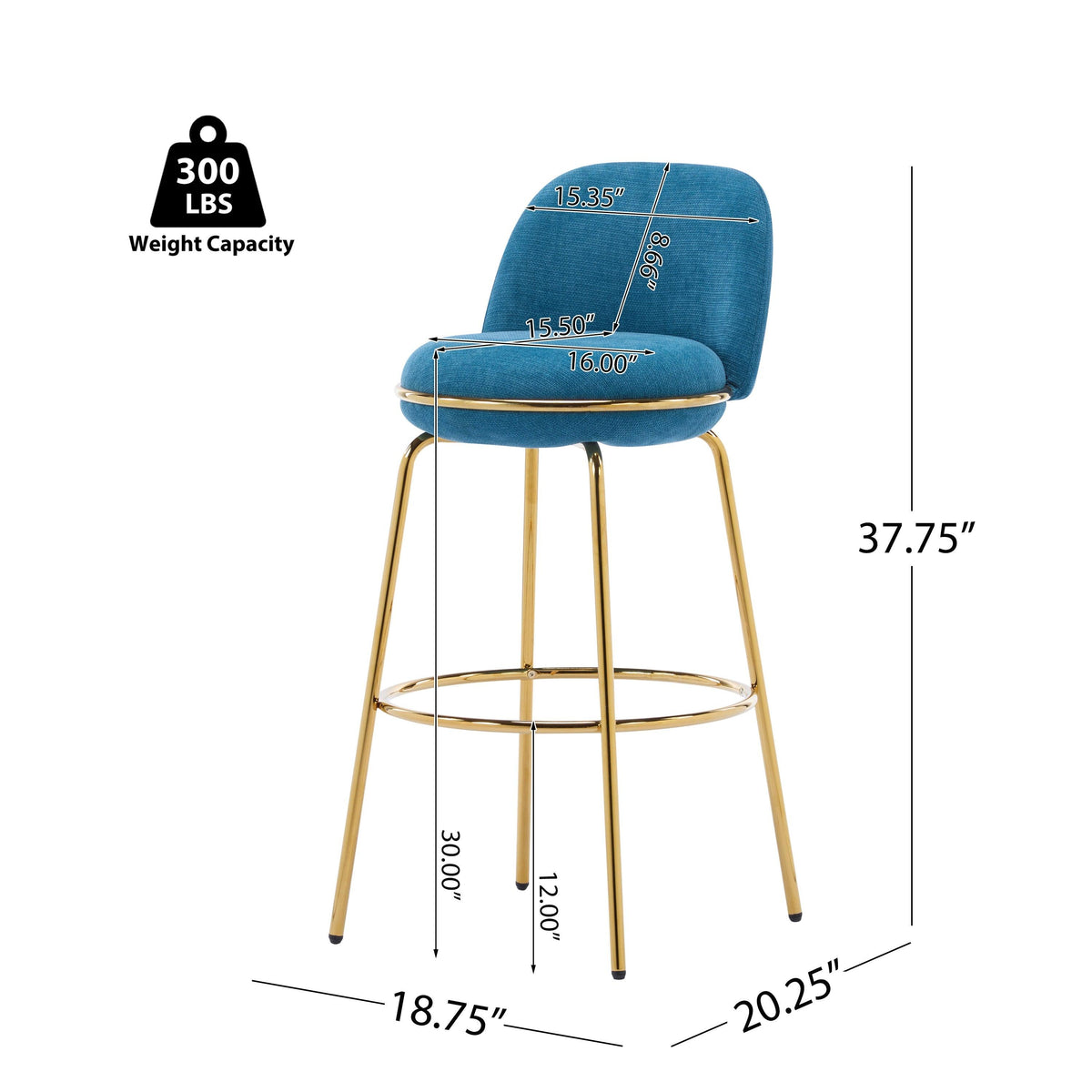 Modern Blue & Gold Upholstered Bar Stools with Backrest & Footrest – Set of 2