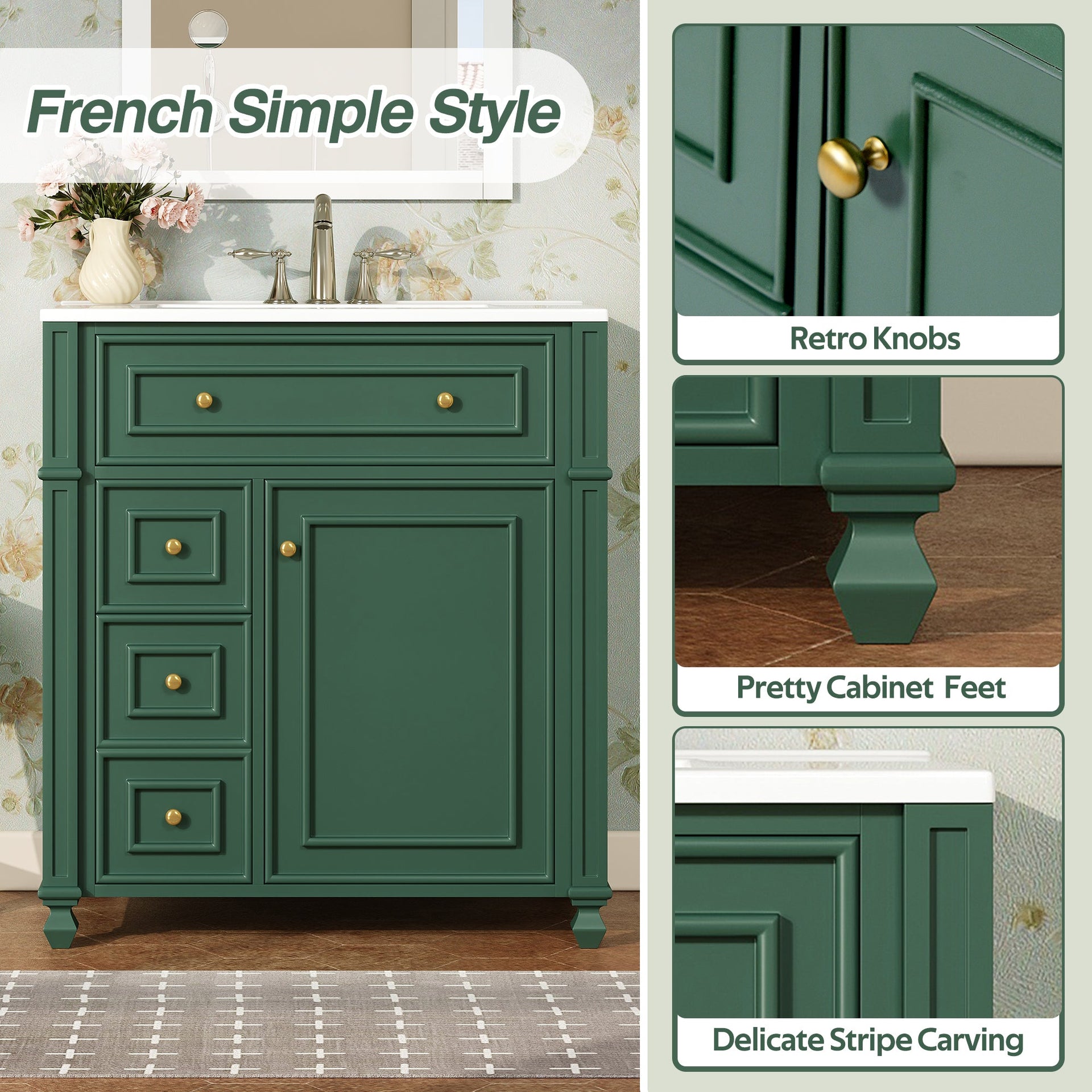 Bathroom Vanity with Ceramic Sink Basin, Cabinet with Soft-Close Doors and Organizer