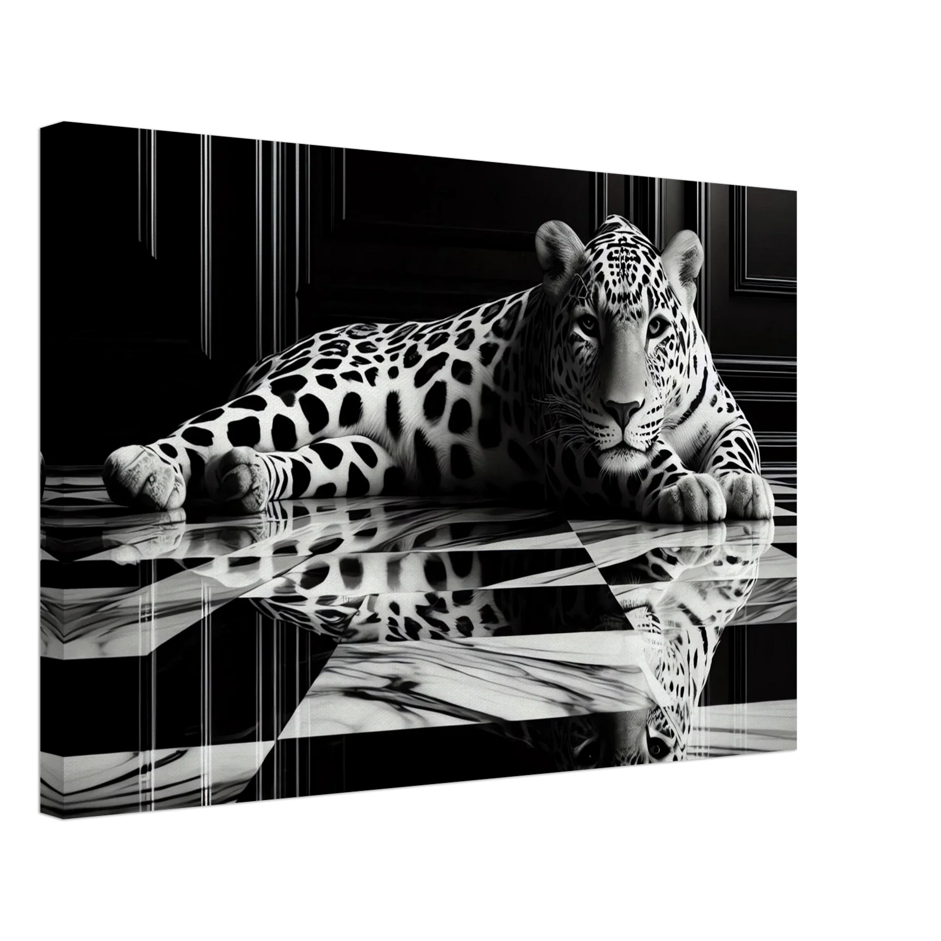 Leopard Canvas Art Print – Striking Design on Black & White Checkered Marble Floor