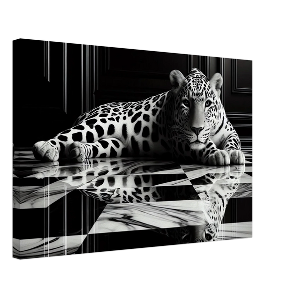 Leopard Canvas Art Print – Striking Design on Black & White Checkered Marble Floor