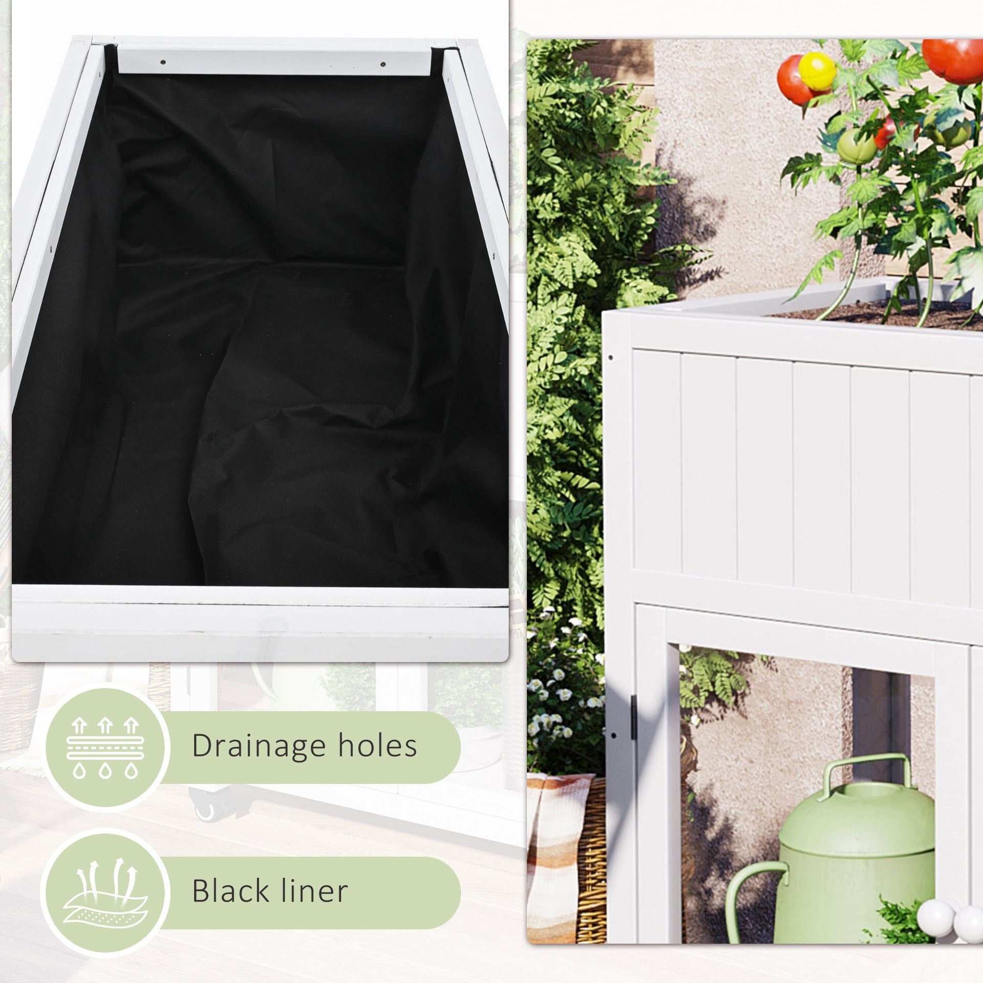 Patio 35.4''x17.7''x37.4'' Mini Wood Cold Frame, Compact 2 Doors Garden Greenhouse with Wheels, Raised Bed with Liner for Indoor Outdoor Use, White