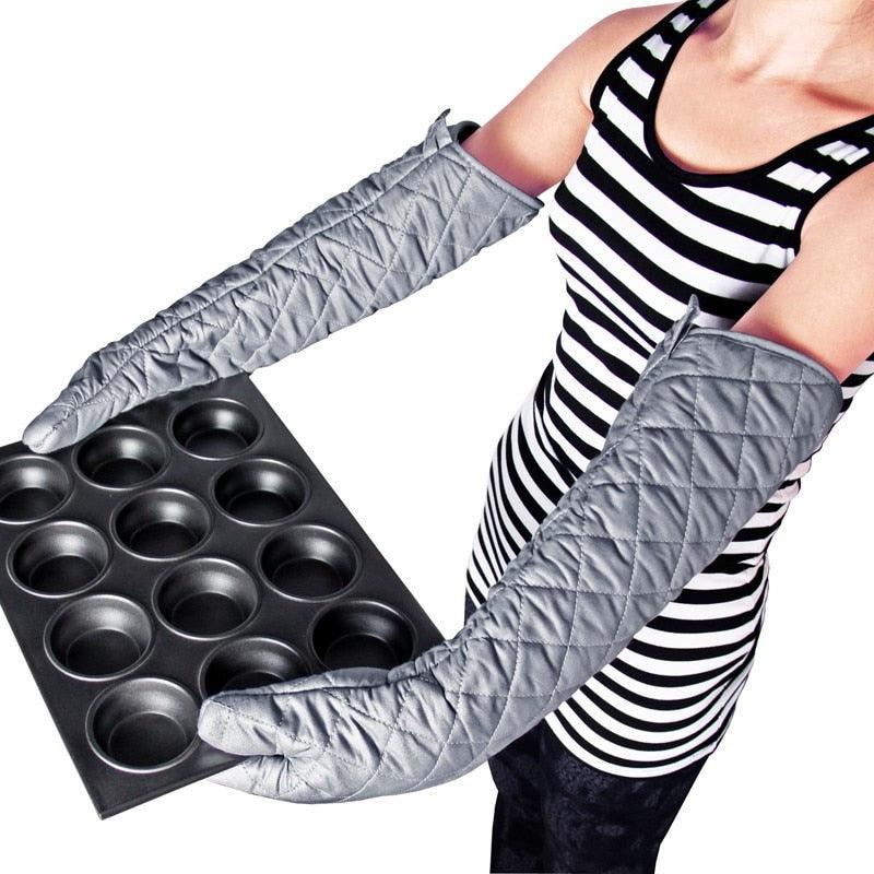 58cm Oven Gloves Long Oven Mitt Kitchen Glove BBQ Heat-resistant Cotton Cooking Barbecue Baking Tools Kitchen Accessories Heat Resistant Cooking Oven Gloves Can be Used for Grilling Cooking BBQ