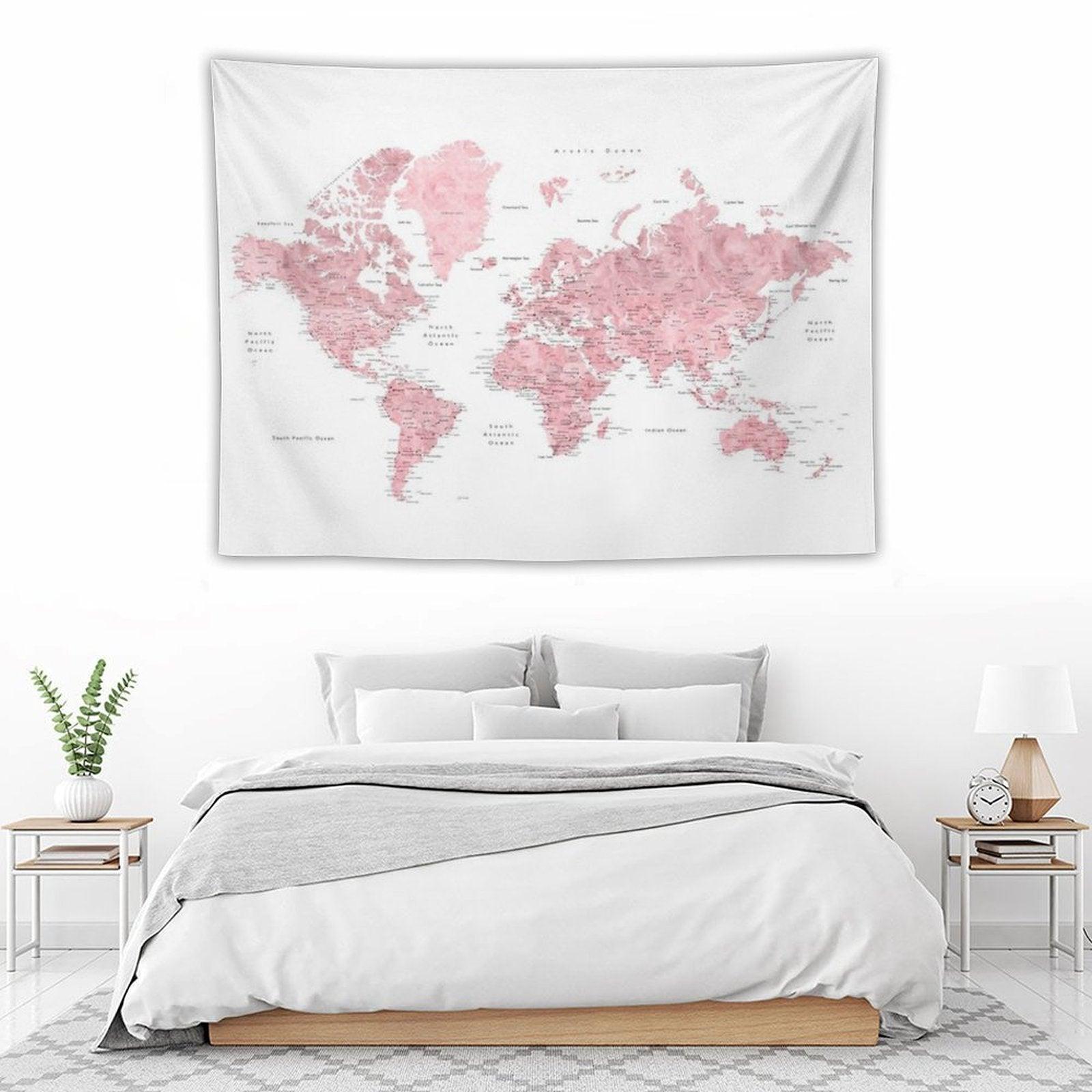 Light Pink And Muted Pink World Map with Cities Tapestry