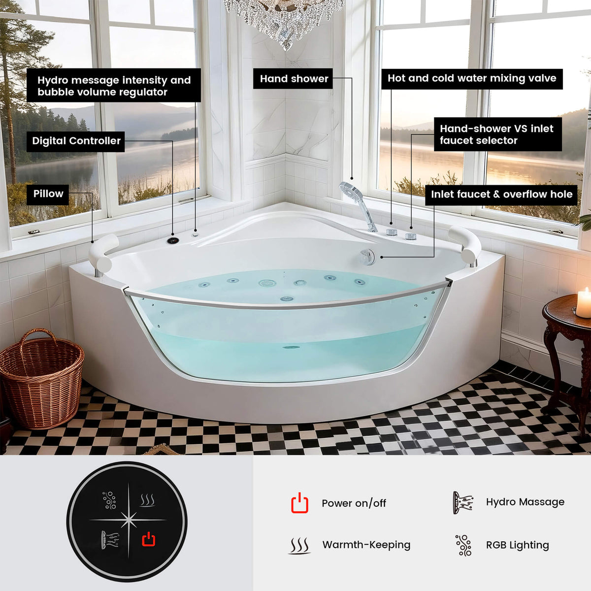 Serenity 59-Inch 2-Person Acrylic Corner Whirlpool 16-Jet Hydromassage Bathtub With Heater Rainbow Light (SAK12058)