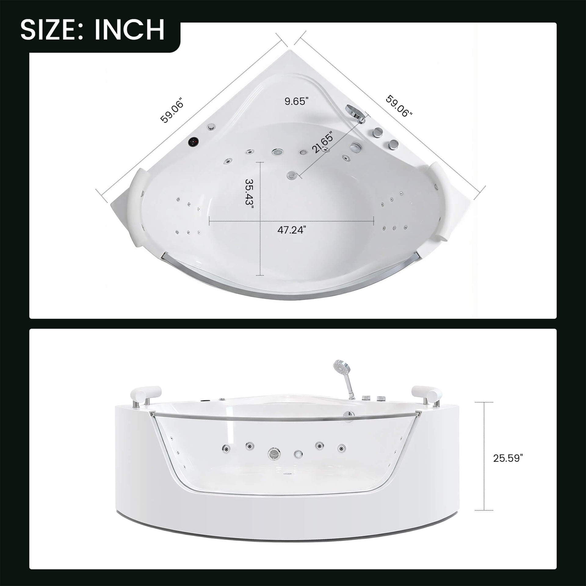 Serenity 59-Inch 2-Person Acrylic Corner Whirlpool 16-Jet Hydromassage Bathtub With Heater Rainbow Light (SAK12058)