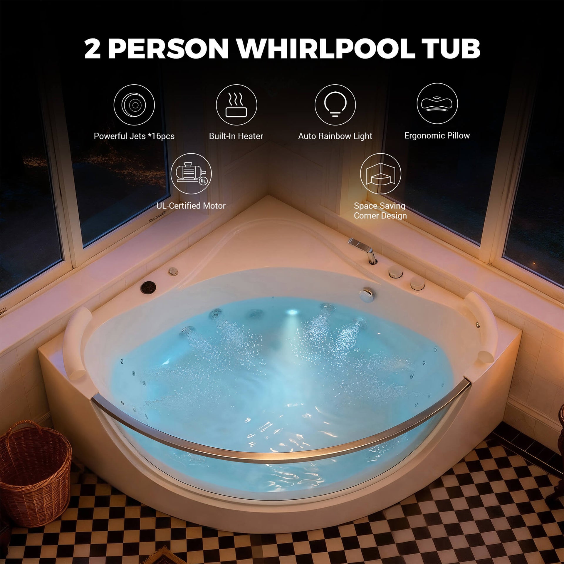 Serenity 59-Inch 2-Person Acrylic Corner Whirlpool 16-Jet Hydromassage Bathtub With Heater Rainbow Light (SAK12058)