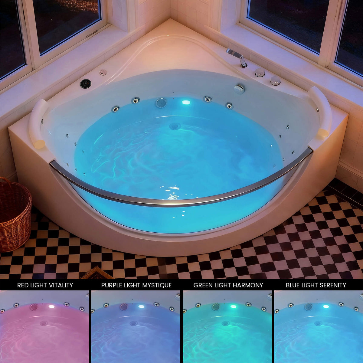 Serenity 59-Inch 2-Person Acrylic Corner Whirlpool 16-Jet Hydromassage Bathtub With Heater Rainbow Light (SAK12058)