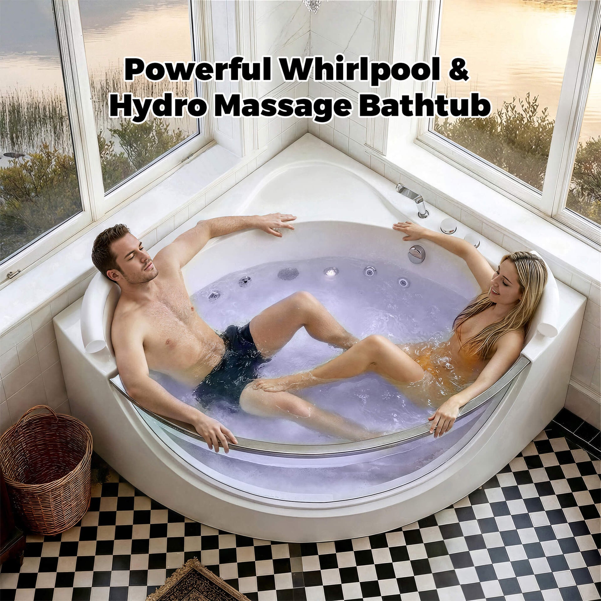 Serenity 59-Inch 2-Person Acrylic Corner Whirlpool 16-Jet Hydromassage Bathtub With Heater Rainbow Light (SAK12058)