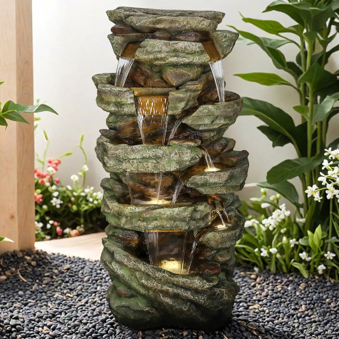 Resin Stacked Stone Rock Waterfall Outdoor Fountain with LED