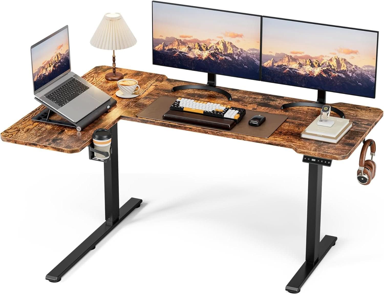 59 Inch Reversible L Shaped Electric Standing Desk Brown