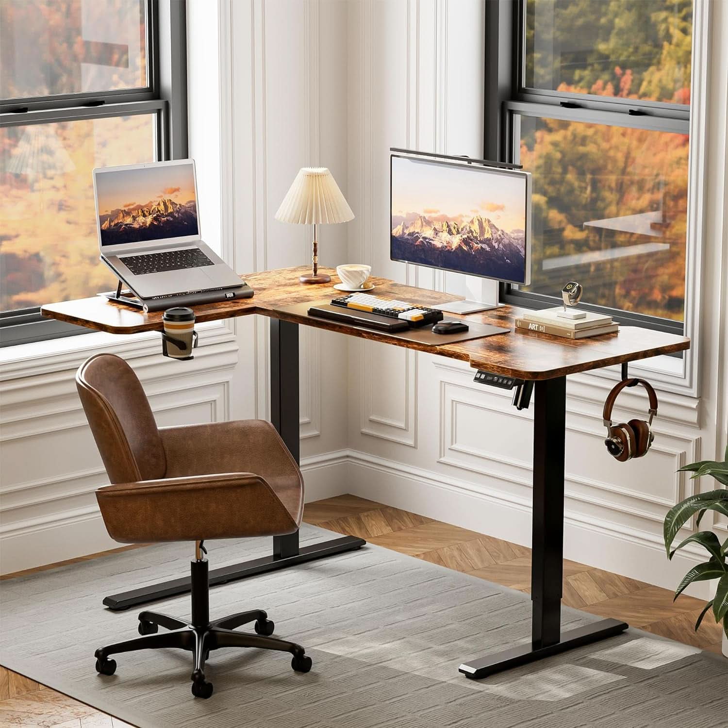 59 Inch Reversible L Shaped Electric Standing Desk Brown
