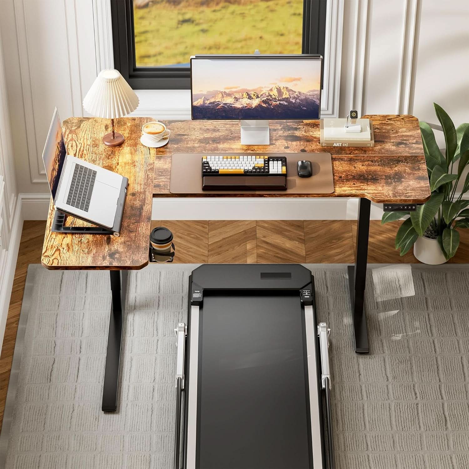 59 Inch Reversible L Shaped Electric Standing Desk Brown