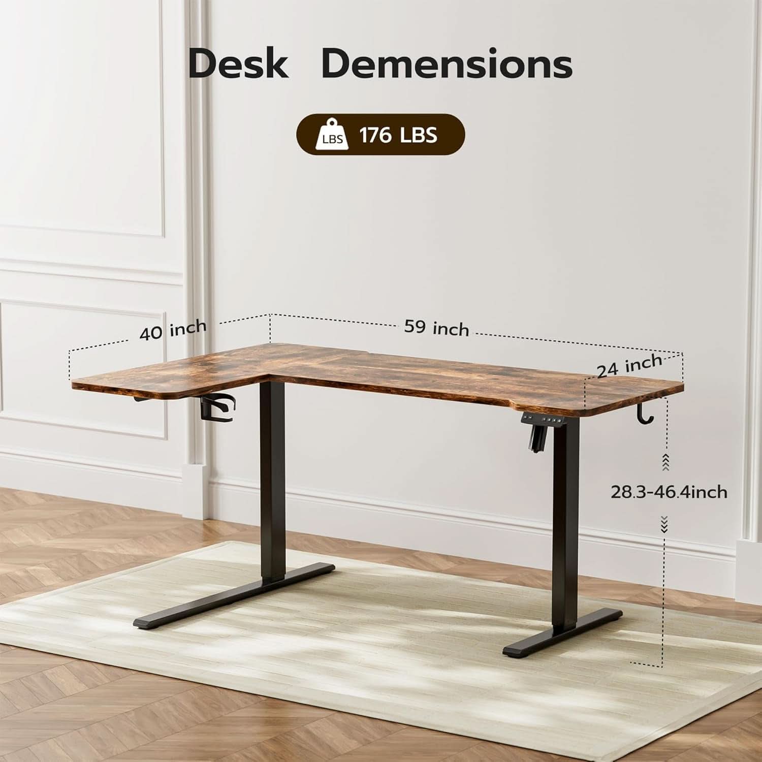 59 Inch Reversible L Shaped Electric Standing Desk Brown