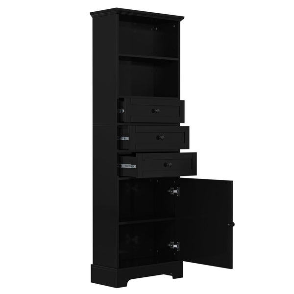 Black high storage cabinet with 3 drawers and adjustable shelves, MDF board painted
