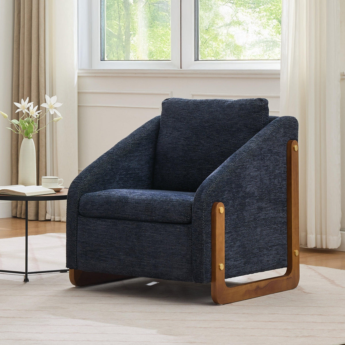 Modern Chenille Upholstered Armchair with Wooden Side Frame in Blue