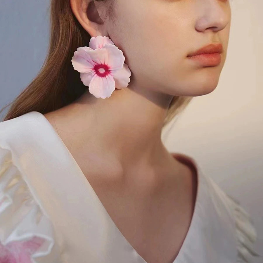 Metal Pink Drops Glaze Enamel Flower Earrings for Women Girl European and American Personality Exaggerated Romantic Jewelry Gift