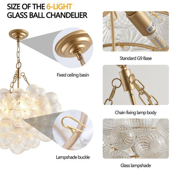 Gold Pendant Chandelier with Threaded Clear Glass Globe Shade for Living, Dining & Kitchen
