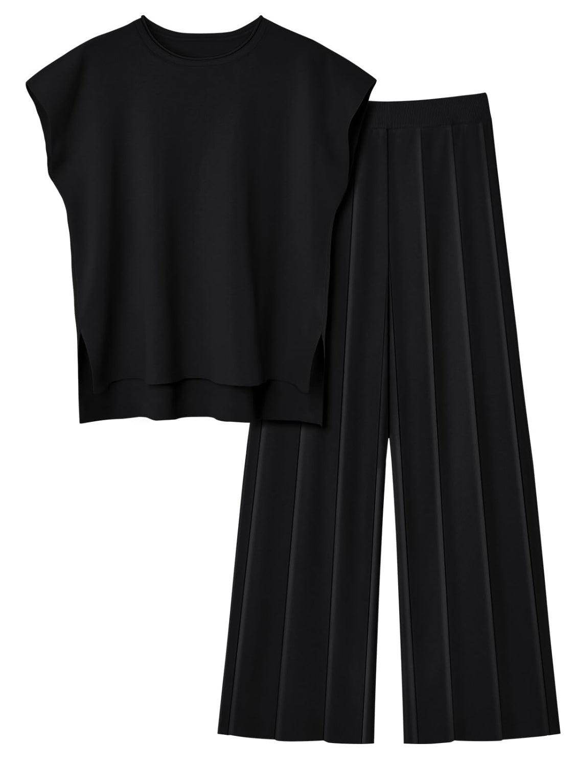 Round Neck Cap Sleeve Top and Pants Knit Set for Women